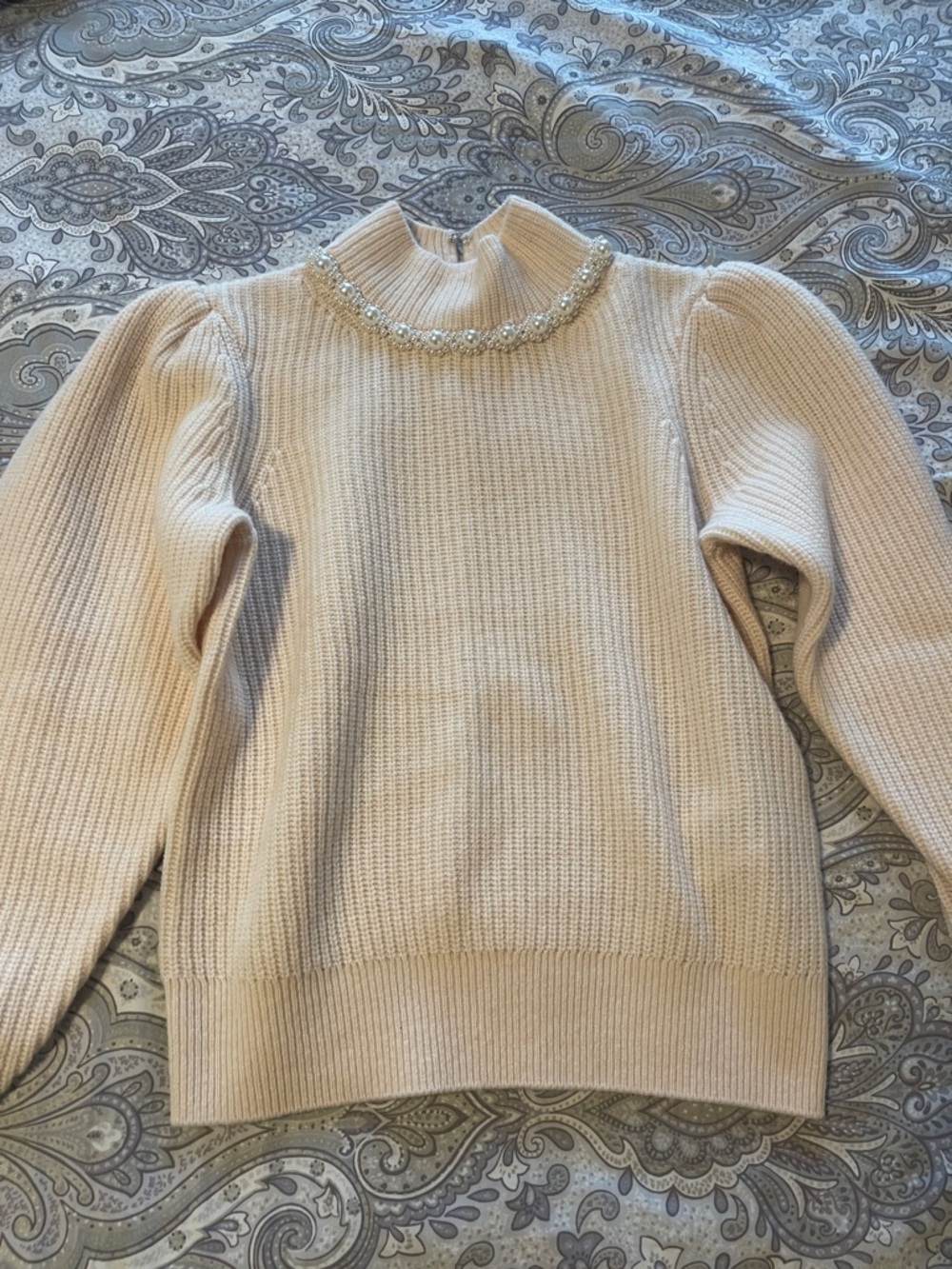 Sandro Cream Knit Turtleneck Sweater with Jeweled Collar - Picture 3 of 9